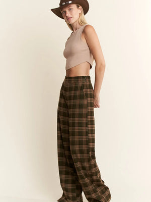 Plaid Wide Leg Dress Pants in Olive/Mocha