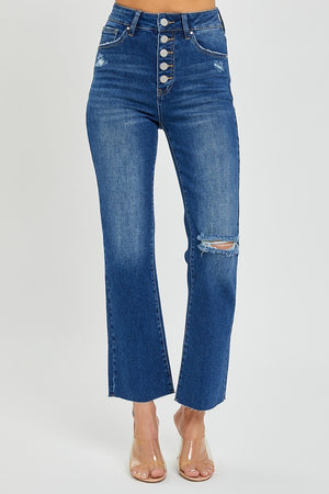 Risen High- Rise Cropped Straight Button Fly with distressed knee
