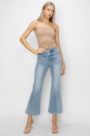 Risen High Rise Cropped Flare Patch Pocket Jeans