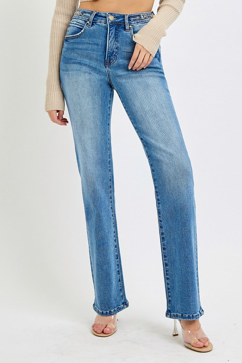 Risen Tummy Control High Rise Straight Jeans with Chained Waistband