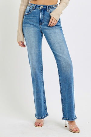 Risen Tummy Control High Rise Straight Jeans with Chained Waistband