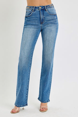 Risen Tummy Control High Rise Straight Jeans with Chained Waistband
