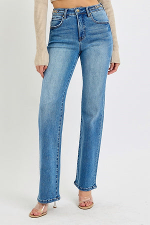 Risen Tummy Control High Rise Straight Jeans with Chained Waistband