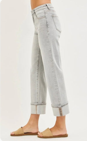 Risen Mid Rise Cropped Straight Leg Cuffed Jeans in Grey Wash