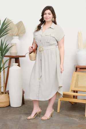 PLUS COLLARED BUTTON DOWN BELTED MIDI DRESS: BLACK