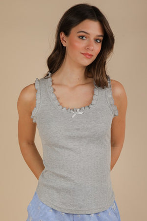 Bow Trim Ruffled Knit Tank in Grey
