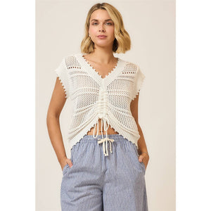 Open Knit Ruched Center V Neck Short Sleeve Top: Camel