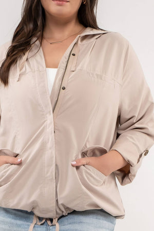 PLUS SNAP BUTTON ZIP UP HOODED JACKET: LIGHT OLIVE