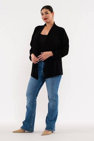 PLUS 3/4 ROUCHED SLEEVE BLAZER: BLACK