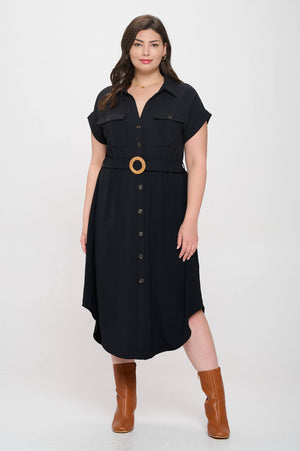 PLUS COLLARED BUTTON DOWN BELTED MIDI DRESS: BLACK