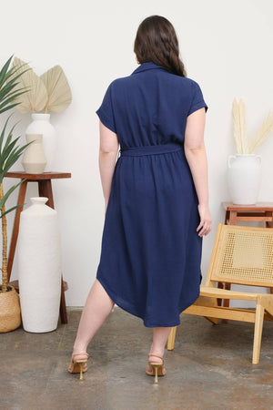 PLUS COLLARED BUTTON DOWN BELTED MIDI DRESS: BLACK