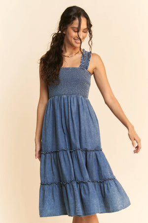 WASHED DENIM SMOCKING STRAPS TIERED MIDI DRESS