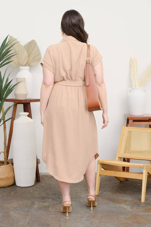 PLUS COLLARED BUTTON DOWN BELTED MIDI DRESS: BLACK