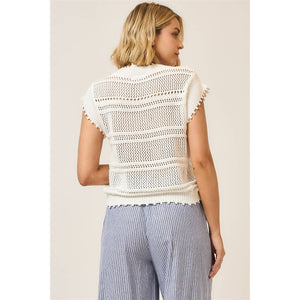Open Knit Ruched Center V Neck Short Sleeve Top: Camel