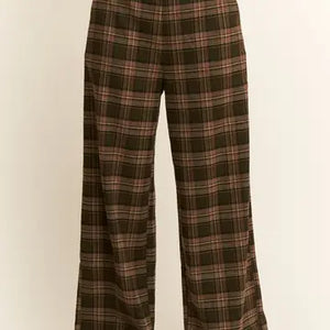 Plaid Wide Leg Dress Pants in Olive/Mocha