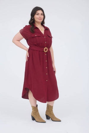 PLUS COLLARED BUTTON DOWN BELTED MIDI DRESS: BLACK