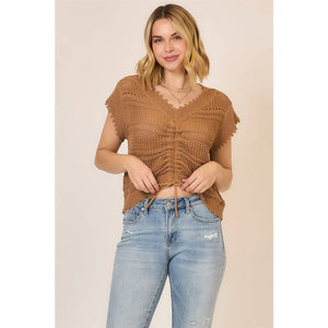 Open Knit Ruched Center V Neck Short Sleeve Top: Camel