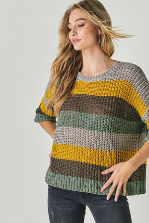 COLORBLOCK STRIPE THICK COZY KNIT SWEATER: DUSTY BROWN
