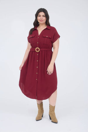 PLUS COLLARED BUTTON DOWN BELTED MIDI DRESS: BLACK