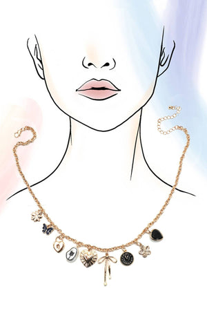 CHARM NECKLACE-HEART CLOCK BOW LOCK CHARMS