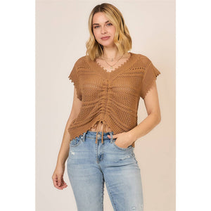 Open Knit Ruched Center V Neck Short Sleeve Top: Camel