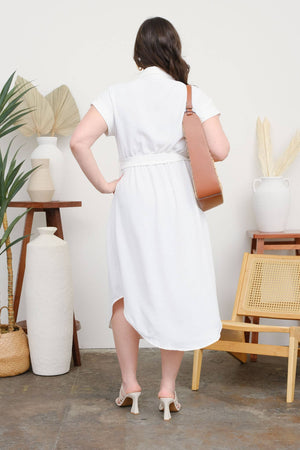 PLUS COLLARED BUTTON DOWN BELTED MIDI DRESS: BLACK