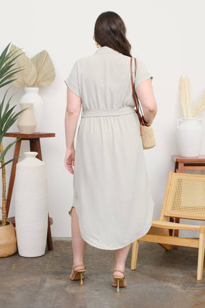 PLUS COLLARED BUTTON DOWN BELTED MIDI DRESS: BLACK