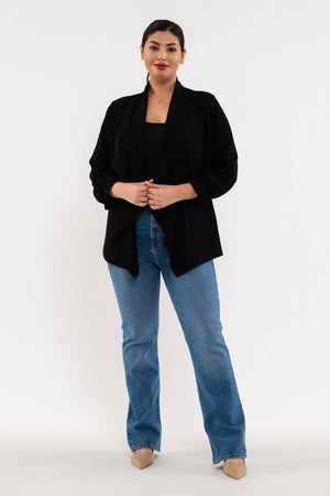 PLUS 3/4 ROUCHED SLEEVE BLAZER: BLACK
