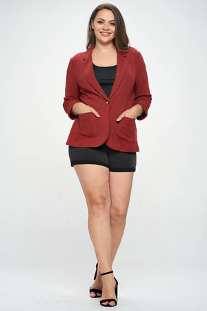 Shirred Sleeve Textured Blazer -Brick Red