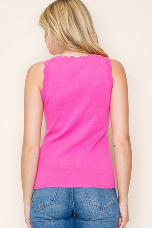 Scallop Finished Crew Neck Sweater Tank - Hot Pink
