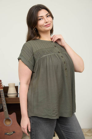 PLUS EYELET TRIM HALF BUTTON SHORT SLEEVE TOP: OLIVE