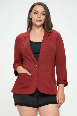 Shirred Sleeve Textured Blazer -Brick Red