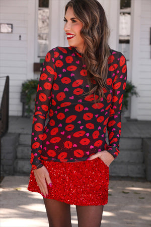 Keigan Mesh Top- Pucker Up: Black/Red