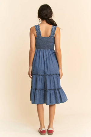 WASHED DENIM SMOCKING STRAPS TIERED MIDI DRESS