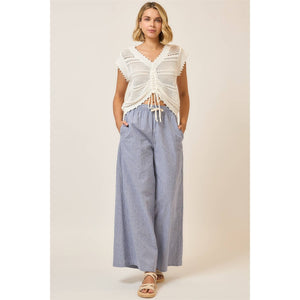 Open Knit Ruched Center V Neck Short Sleeve Top: Camel