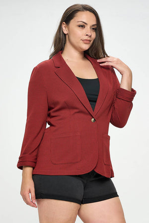 Shirred Sleeve Textured Blazer -Brick Red