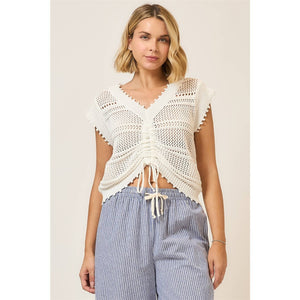 Open Knit Ruched Center V Neck Short Sleeve Top: Camel