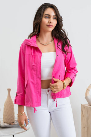 PLUS SNAP BUTTON ZIP UP HOODED JACKET: LIGHT OLIVE