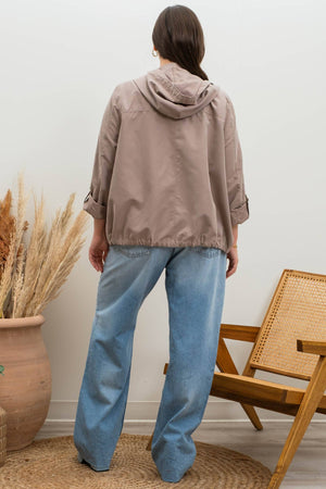 PLUS SNAP BUTTON ZIP UP HOODED JACKET: LIGHT OLIVE