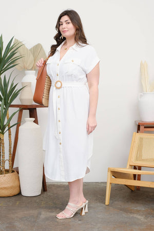 PLUS COLLARED BUTTON DOWN BELTED MIDI DRESS: BLACK