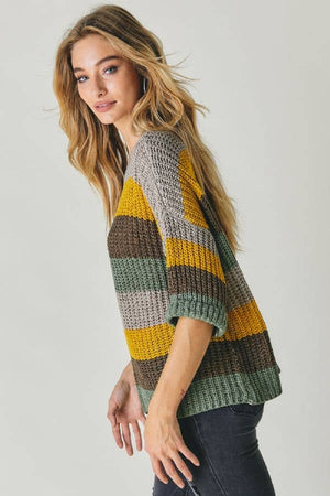 COLORBLOCK STRIPE THICK COZY KNIT SWEATER: DUSTY BROWN