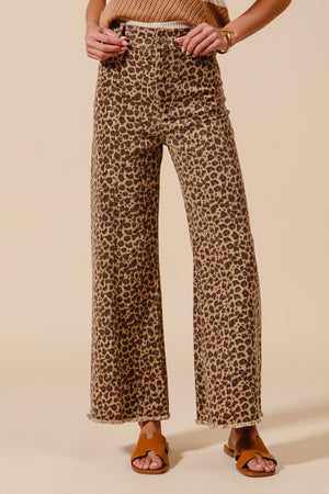 Mid Rise Wide Leg Leopard Twill Denim