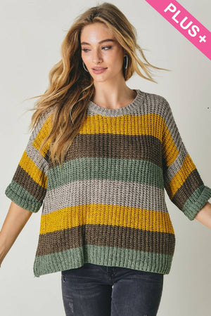 COLORBLOCK STRIPE THICK COZY KNIT SWEATER: DUSTY BROWN