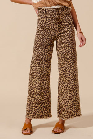 Mid Rise Wide Leg Leopard Twill Denim