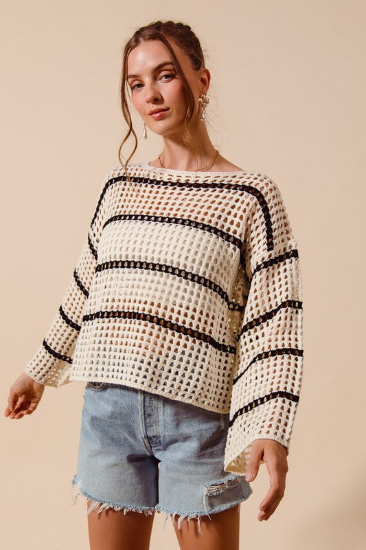 Open Knit Boat Neck Sweater Top - Ivory/Black