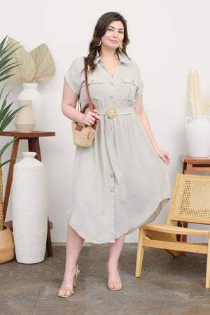 PLUS COLLARED BUTTON DOWN BELTED MIDI DRESS: BLACK