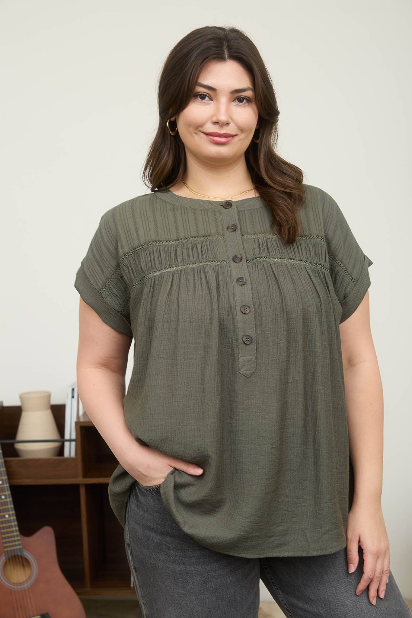 PLUS EYELET TRIM HALF BUTTON SHORT SLEEVE TOP: OLIVE