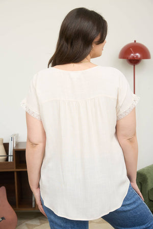 PLUS LACE TRIM PLEATED YOKE SHORT SLEEVE TOP : DUSTY TEAL