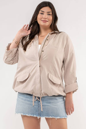 PLUS SNAP BUTTON ZIP UP HOODED JACKET: LIGHT OLIVE