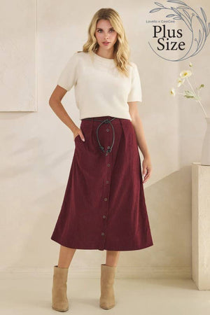 Curvy Corduroy Midi Skirt in Deep Burgundy